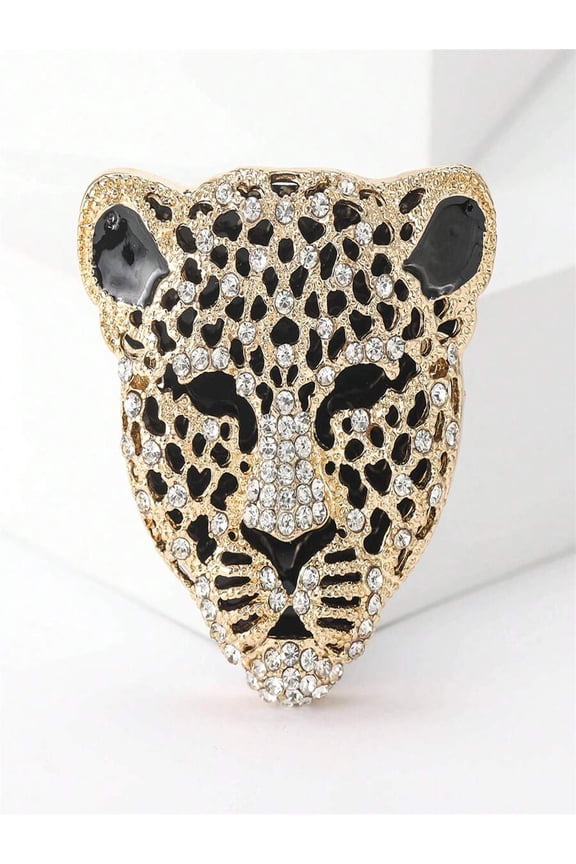 Apricot Tone Rhinestone Leopard Head Brooch For Women, Chic Animal Pin Accessory