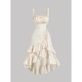 thumbnail image 1 of Apricot Vintage-Inspired Ruffle Layered Midi Dress With Adjustable Straps And Side Tie Waist, 1 of 4