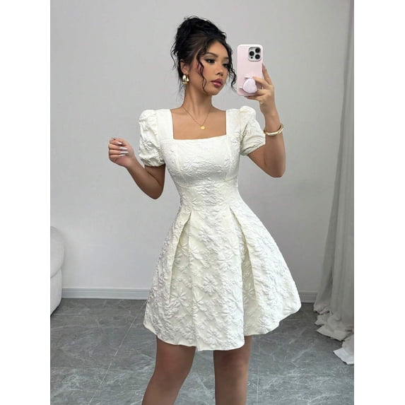 Apricot Women Elegant Jacquard Puff Sleeve Square Neck Mini Dress