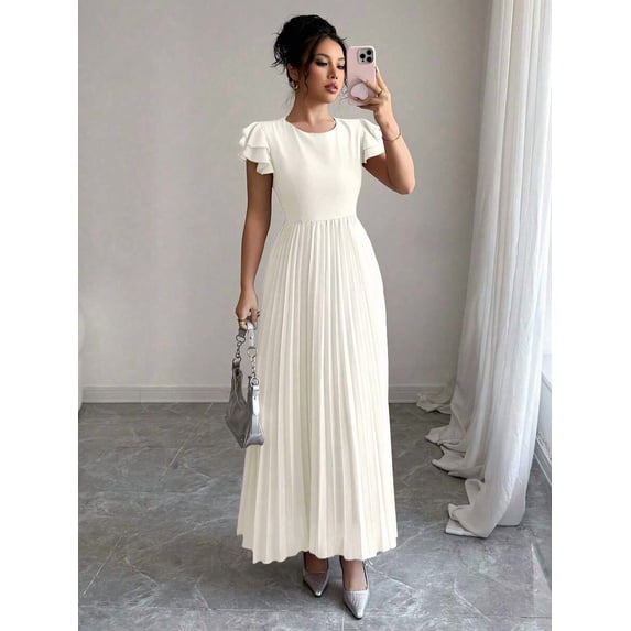 Apricot Women Ruffle Sleeve Pleated Maxi Dress With Scoop Neck And Relaxed Fit