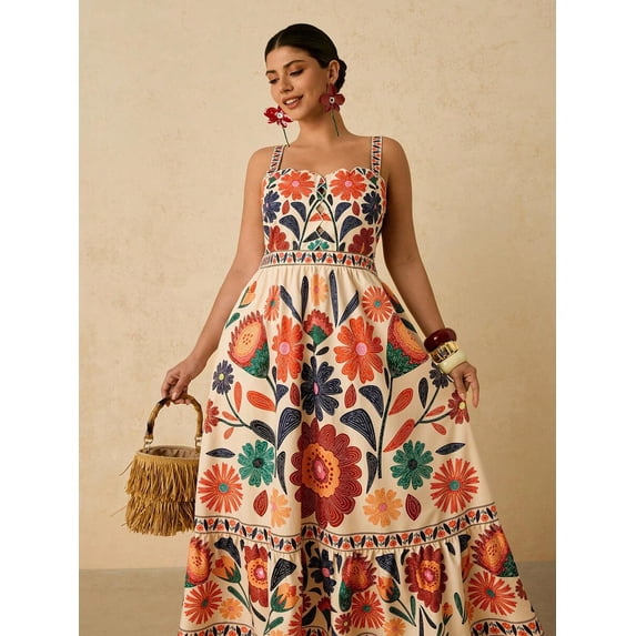 Apricot Womens Floral Print Maxi Dress With Spaghetti Straps And Embroidered Detail