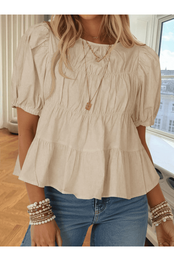 Apricot Womens Puff Sleeve Peplum Blouse With Smocked Bodice And Tiered Ruffle Hem