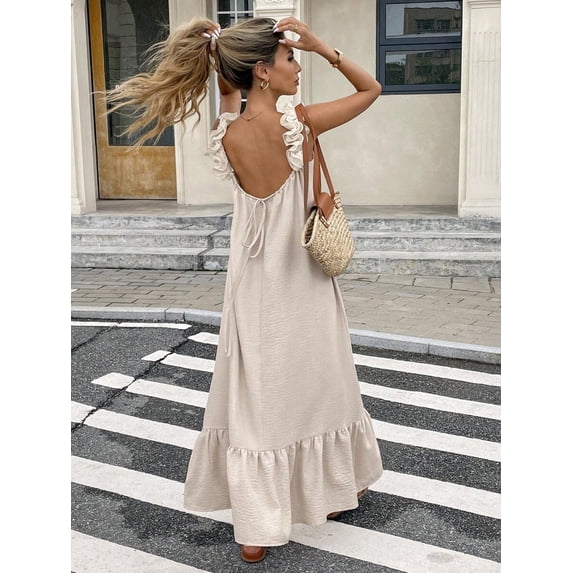 Apricot Womens Sleeveless Ruffle Hem Maxi Dress With Open Back And Tie Detail