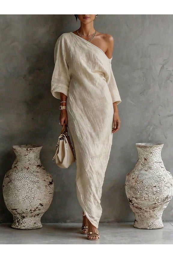 Apricot Womens Textured Off-Shoulder Maxi Dress, Relaxed Fit For Casual Or Vacation Wear