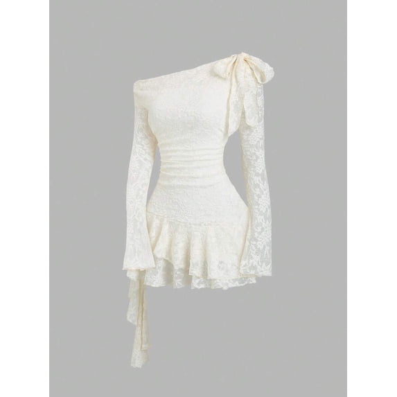 Apricot Y2K Lace Asymmetric One-Shoulder Peplum Mini Dress