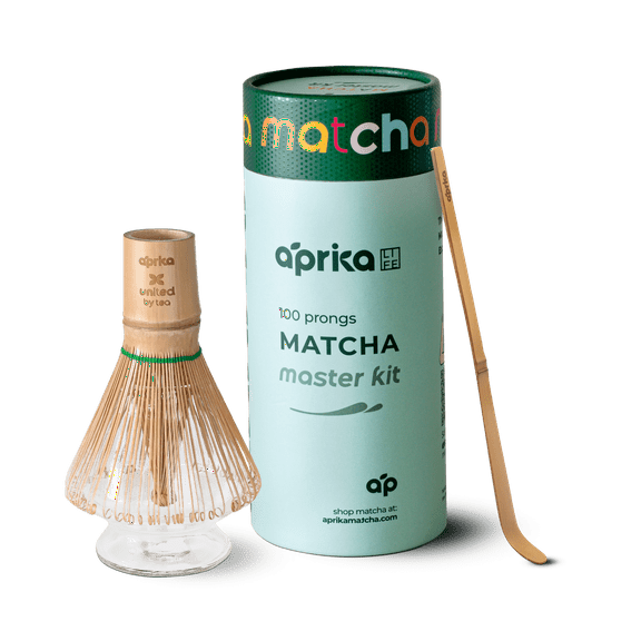 AprikaLife Matcha Bamboo Whisk and Holder Set, Traditional Handmade Starter Kit Included Whisk (Chasen) with 100 Prongs, Scoop (Chashaku), Glass Whisk Holder