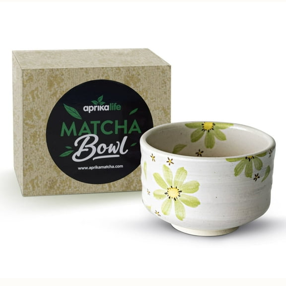 AprikaLife Traditional Japanese Matcha Tea Bowl, Handcrafted Ceramic Tea Ceremony Cup White Glaze with Green Flowers