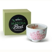 AprikaLife Traditional Japanese Matcha Tea Bowl Handcrafted Ceramic Tea Ceremony Cup White Glaze with Japanese Cherry Blossoms