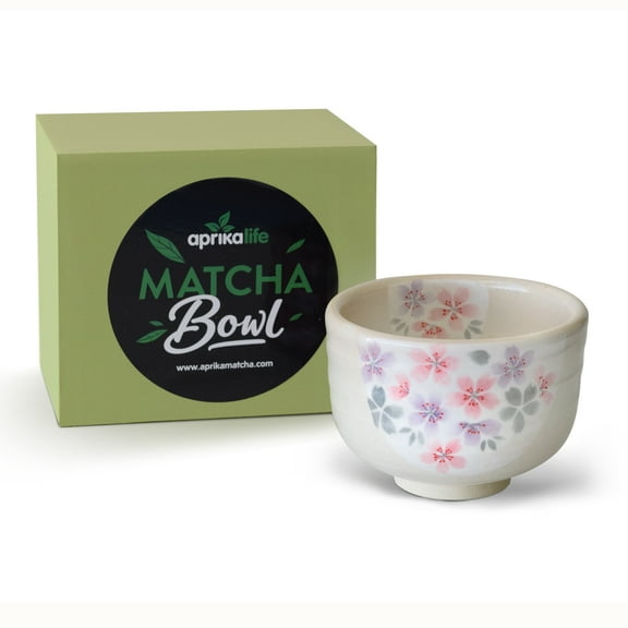 AprikaLife Traditional Japanese Matcha Tea Bowl Handcrafted Ceramic White Glaze with Japanese Manyou-Sakura Flowers