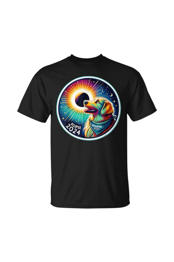 April 2024 Solar Eclipse Dog Wearing Eclipse Glasses Tee – Unisex Adult Cotton T-Shirt Featuring Fun Astronomy Graphic for Casual Wear, Size S, Color Black