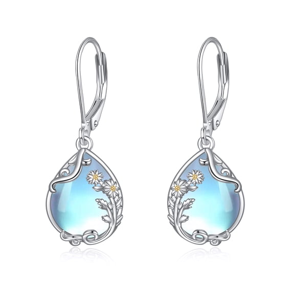 April Daisy Moonstone Birth Flower Filigree Teardrop Drop Dangle Earrings Sterling Silver Leverback Earrings Jewelry