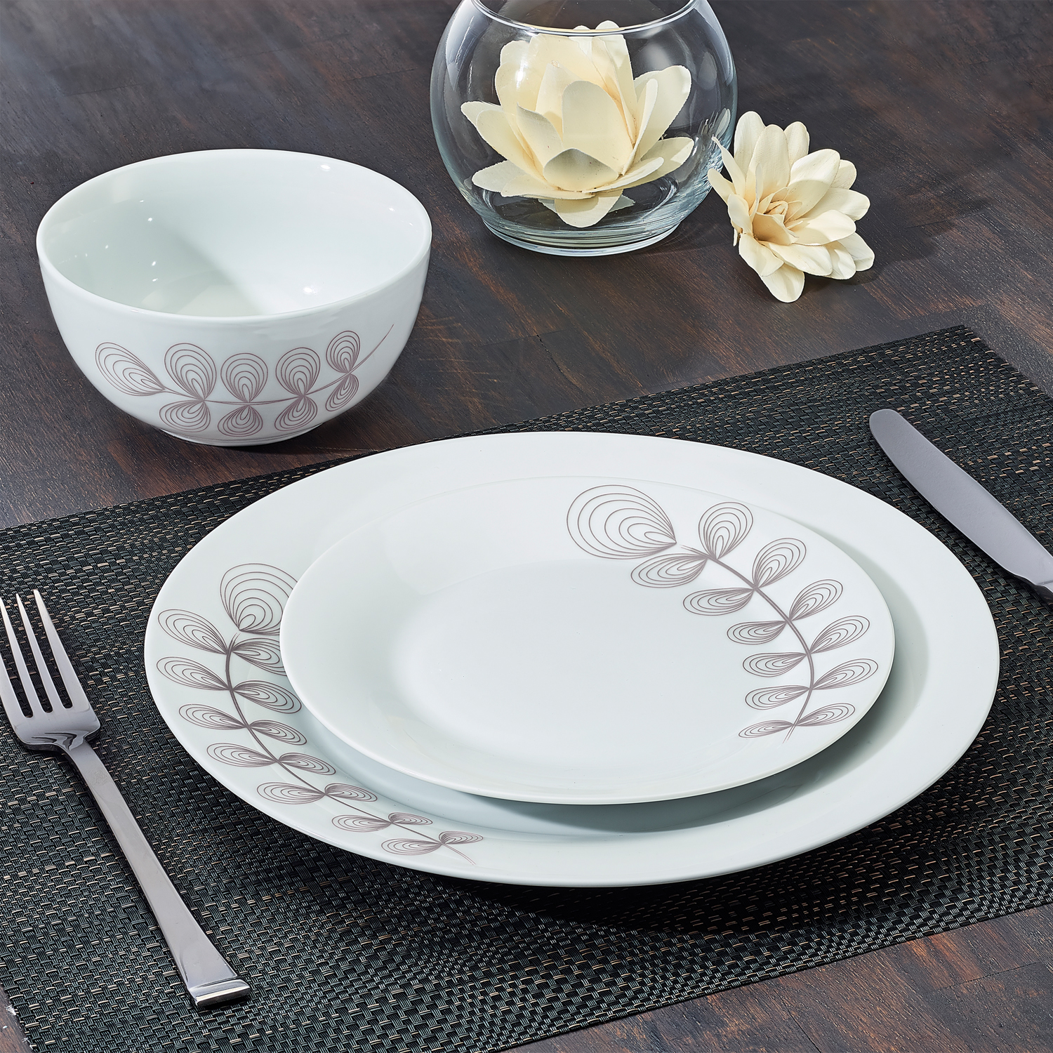 April Floral Collection Taupe 12-Piece Porcelain Dinnerware Set, Walmart Exclusive - image 1 of 5