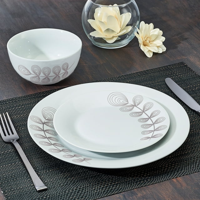 April Floral Collection Taupe 12-Piece Porcelain Dinnerware Set, Walmart Exclusive