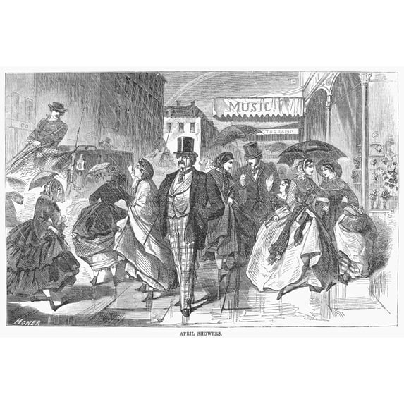 April Showers 1859. Nstreet Scene In An American City. Wood Engraving American 1859. Poster Print by