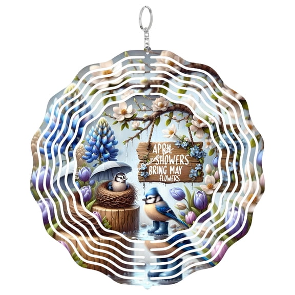 April Showers Bring May Flowers 3D Wind Spinner, Blue Bird Rainboots Metal Art, Kinetic Decor, Spring Gift