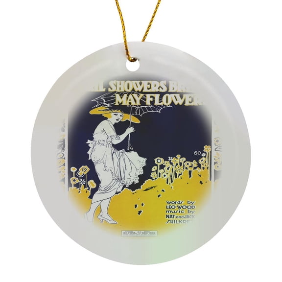 3drose, April Showers Bring May Flowers Blue and Yellow Song Sheet Cover, Circle Porcelain Ornament