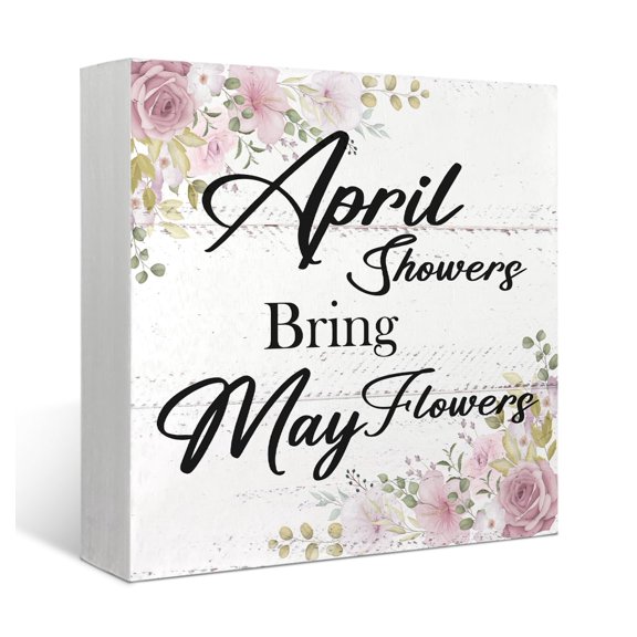 April Showers Bring May Flowers Wood Box Sign Desk Decor Rustic Spring Quote Wooden Box Block Sign Decorations for Home Office Wall Tabletop Desk Decor