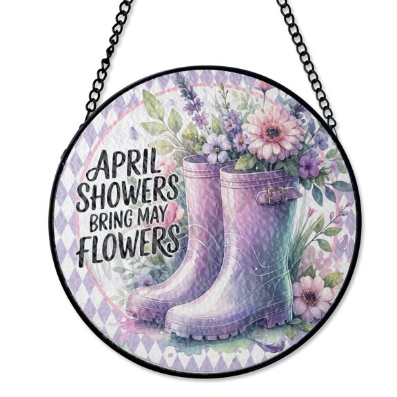 April Showers Floral Rain Boots Suncatcher Stained Glass Style, UV Printed Glass, Spring Garden Window Decor, Round