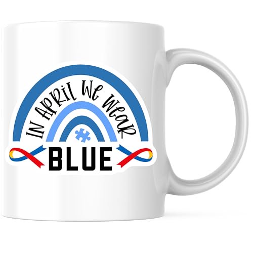 In April We Wear Blue Coffee Mug - Autism Awareness Mug - 11 Ounce Ceramic Cup - Unique Design Mug - Premium Ceramic - Design Printed On Both Sides - BMCM04278