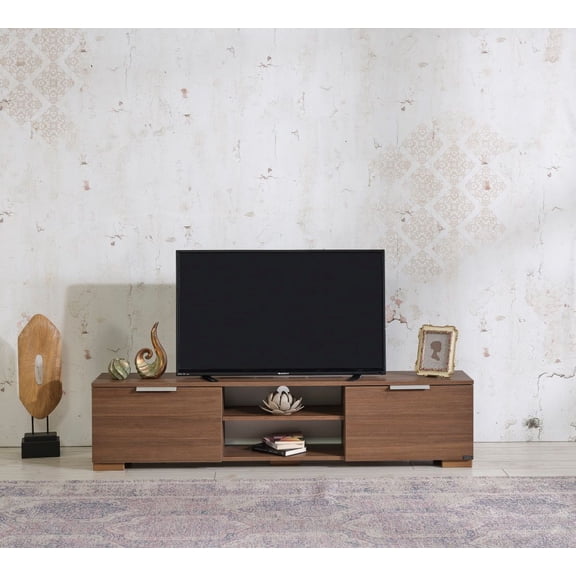 April modern 67-inch TV stand with two doors, two shelves, and a spacious storage area.