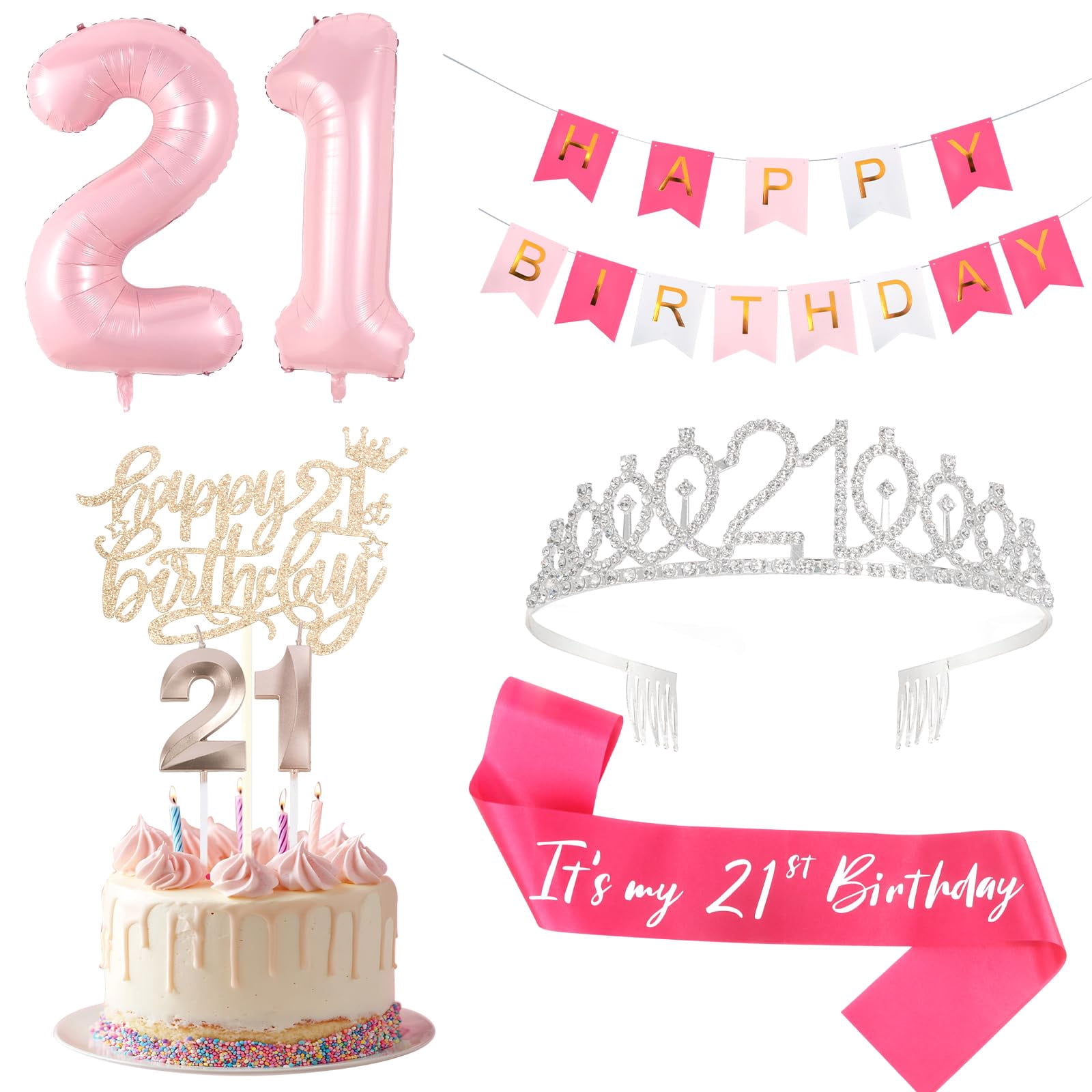 Happy 21st Birthday Banner & Cake Topper Set - Pink Glitter Party Decorations For Women, DIY Garland & Sign - View #6