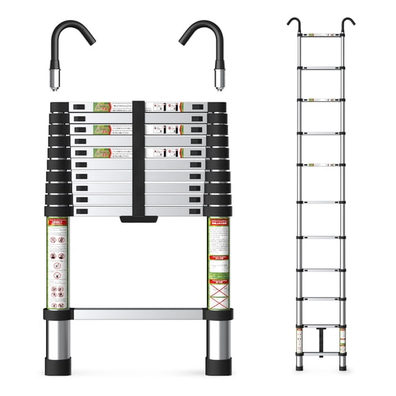 Aprleaf 10.5FT Telescoping Ladder with Anti-Slip Hooks, Aluminum Retraction Collapsible Extension Ladder, 330 LBS Capacity with Non-slip Feet, Portable Multi-purpose Compact Ladder for Home, RV, Loft