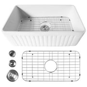 Apron Front 30inch White Farmhouse Fireclay Kitchen Sink with Grid and Strainer Undermount