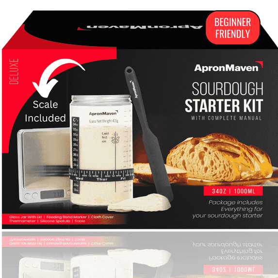 Apron Maven Deluxe Sourdough Starter Kit with Scale - 34 oz Jar, Accessories and Instructions - Sourdough Bread Baking Supplies Set - Unique Mothers Day Gift for Mom, Useful Birthday Gifts for Women,