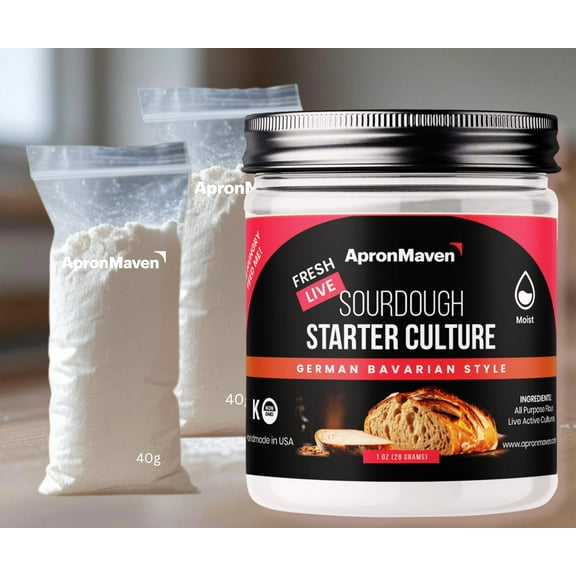 Apron Maven Premium Fresh Live Sourdough Starter Kit German Style with Pre-Measured (80g) Flour - Just Add Water (Simple Instructions Included)