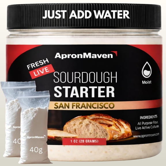 Apron Maven Premium Fresh Live Sourdough Starter Kit San Francisco Style with Pre-Measured (80g) Flour - Just Add Water (Simple Instructions Included)