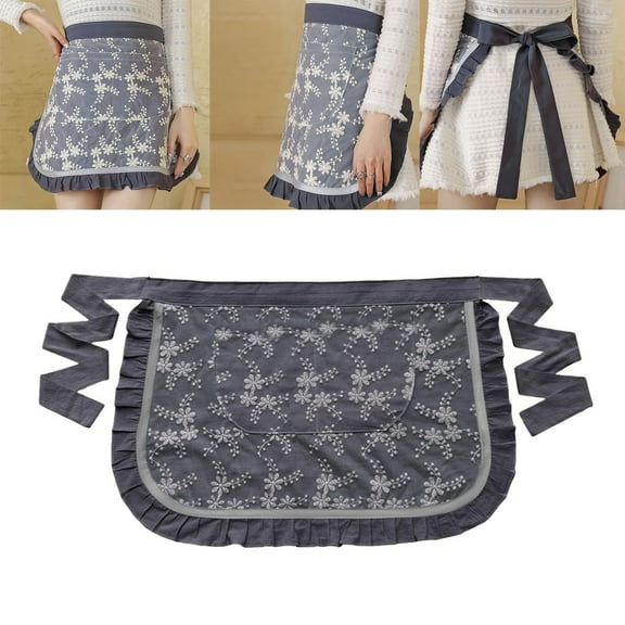Clearance Apron Sleeve under $7 Waist Apron Soft Oil Proof Lace Embroidered Women Server Waitress Short Half Apron With 2 Pockets For Kitchen