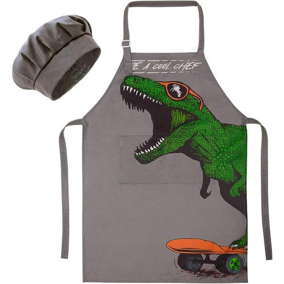 Apron and Chef Hat for Boys Dinosaur Aprons with Pockets, Apron for Cooking Baking Painting 3-12 Years