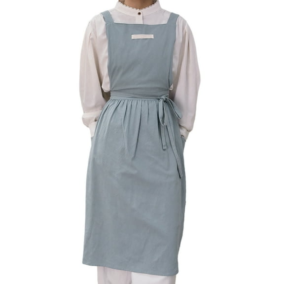 Apron for Women, Cotton and Linen Cross-Back Apron, Kitchen Apron Dress with Pockets, Large Apron for Cooking Cleaning Gardening Painting