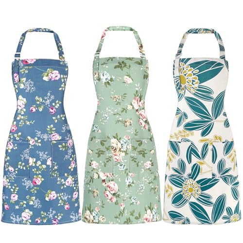 Apron for Women with Pockets,3 Pcs Floral Print Canvas Apron with Adjustable Neck Strap for Cooking,Baking,Gardening,Crafts