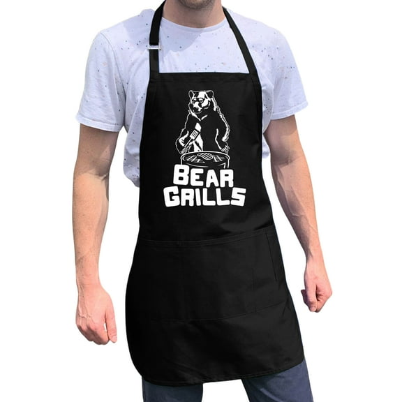 ApronMen, Funny Aprons For Men - Bear Grills - 100% Cotton with Pockets - Black