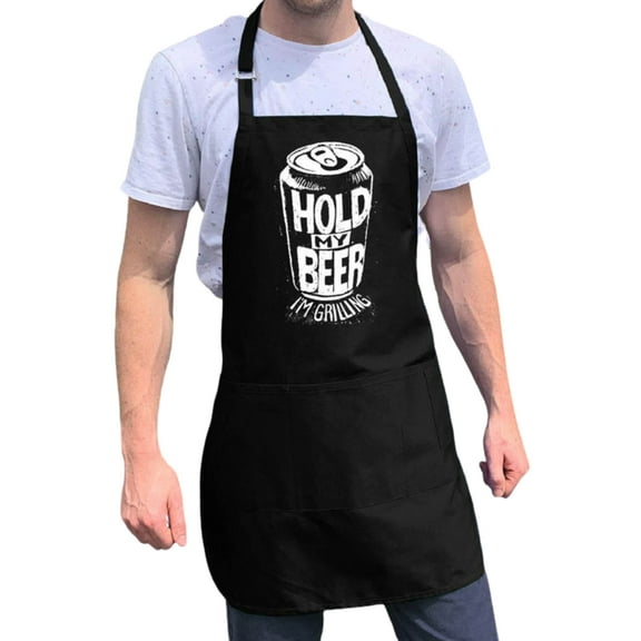 ApronMen, Funny Aprons For Men - Hold My Beer - 100% Cotton with Pockets - Black