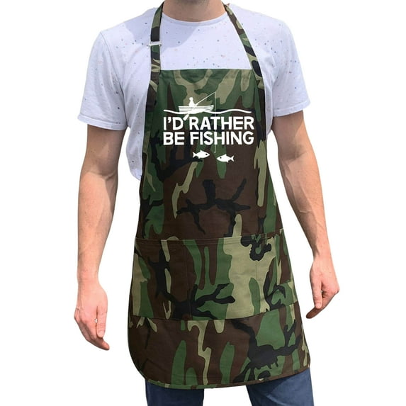 ApronMen, Funny Aprons For Men - I'd Rather Be Fishing - 100% Cotton with Pockets - Green Camo