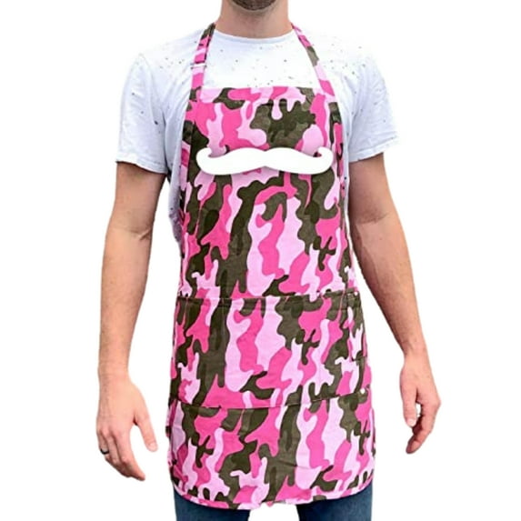 ApronMen, Funny Aprons For Men - Mustache - 100% Cotton with Pockets - Pink Camo Color