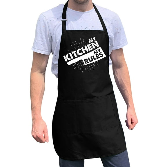 ApronMen, Funny Aprons For Men - My Kitchen My Rules Apron - 100% Cotton with Pockets - Black