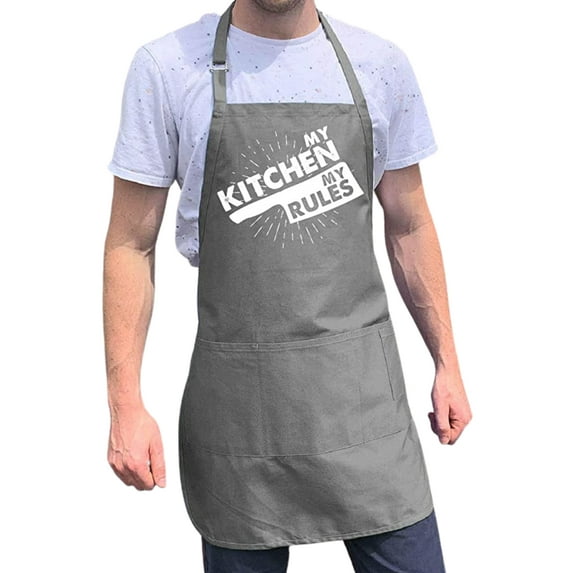 ApronMen, Funny Aprons For Men - My Kitchen My Rules Apron - 100% Cotton with Pockets - Gray