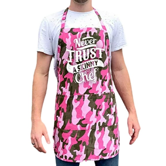 ApronMen, Funny Aprons For Men - Never Trust a Skinny Chef - 100% Cotton with Pockets - Pink