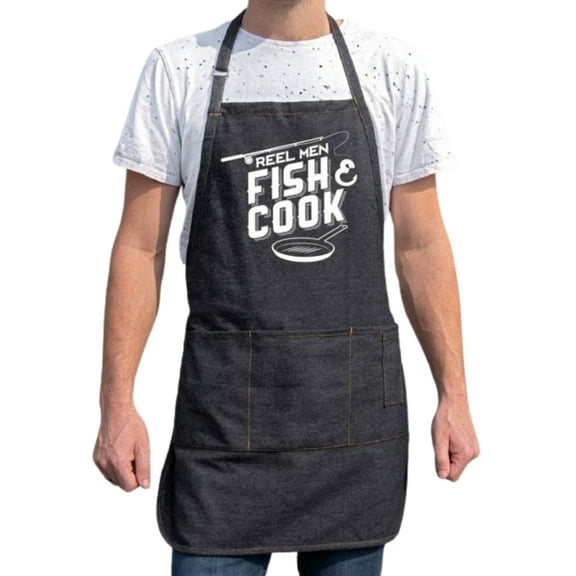 ApronMen, Funny Aprons For Men - Reel Men Fish & Cook - 100% Cotton with Pockets - Black Denim
