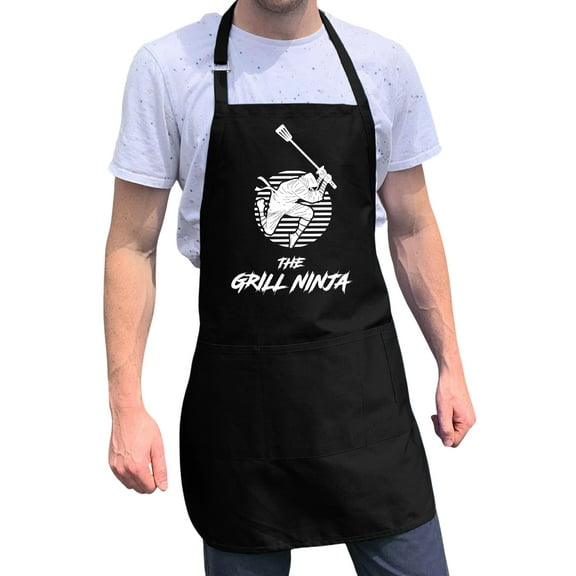 ApronMen, Funny Aprons For Men - The Grill Ninja - 100% Cotton with Pockets - Black