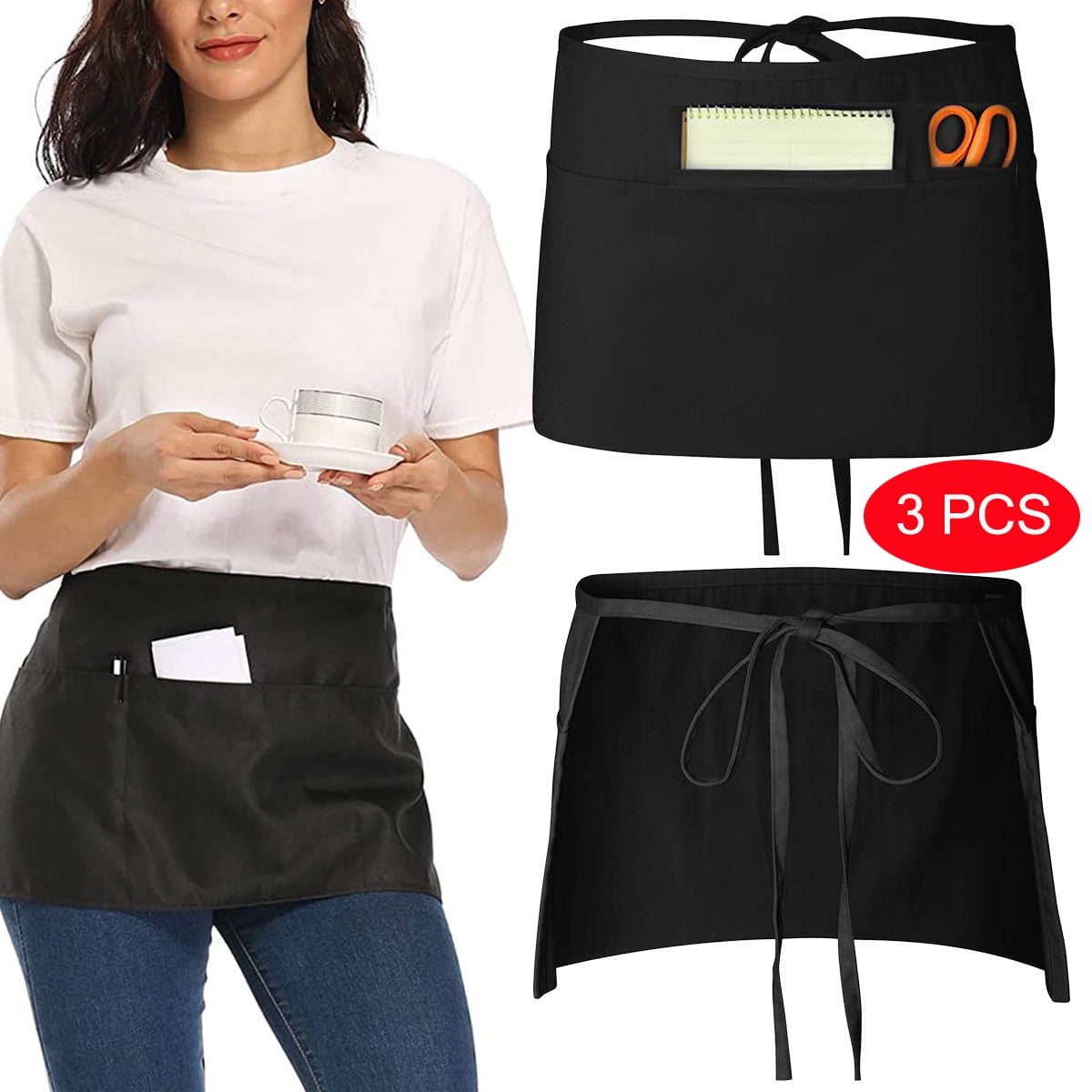 Aprons with 3 Pockets, 3 Pack Apron for Cooking Women Men, Waitress Server Aprons, Fixdono Black
