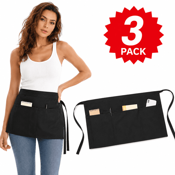 Aprons with Pockets for Women Waitress Server Aprons with 3 Pockets Water Resistant Half Waist Apron 3 Packs