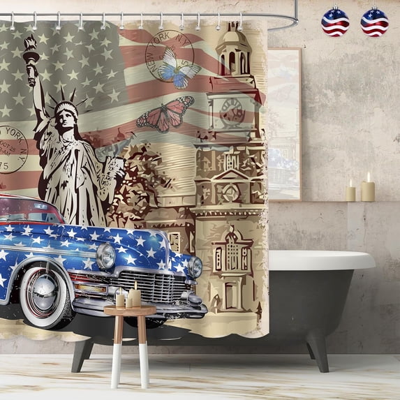 Aprorphic Vintage 4th of July Shower Curtain, Patriotic Shower Curtain with Butterfly Truck Flag for Memorial Day, 72x72, Machine Washable, Blue and Red.