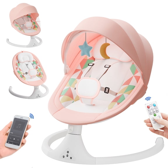 Aprpink 5 in 1 Large Baby Swing Bouncer with Rocking, Mosquito Net&Cute Toys Pink Striped for Toddler, 1 Count