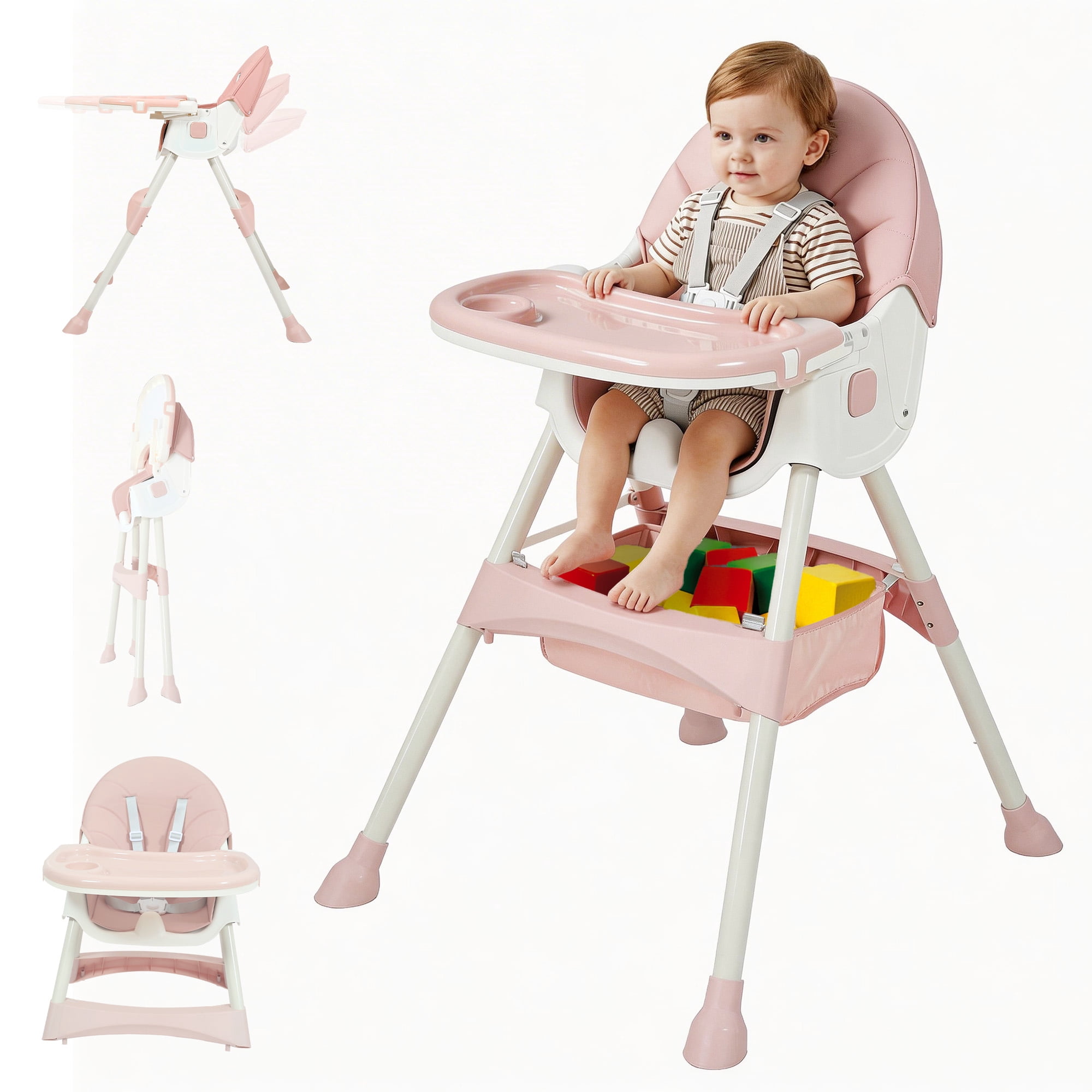 Aprpink 6 in 1 Baby Convertible High Chair with 5 Point PU Safety Harness, Pink Striped, 1 Piece