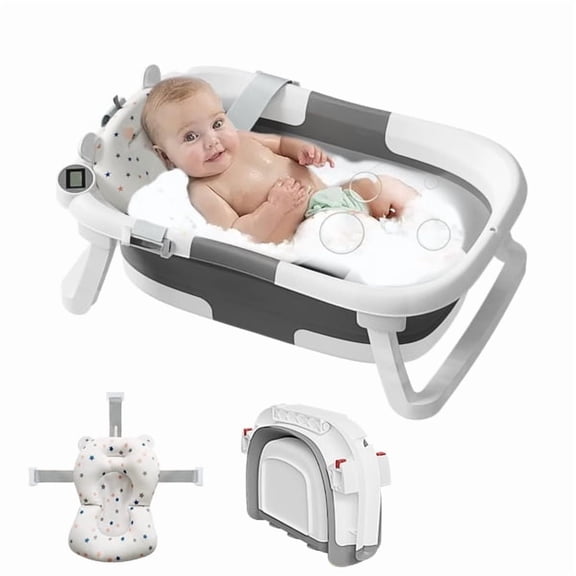 Aprpink Collapsible Baby Bathtub with Soft Bath Cushion&Thermometer Gray