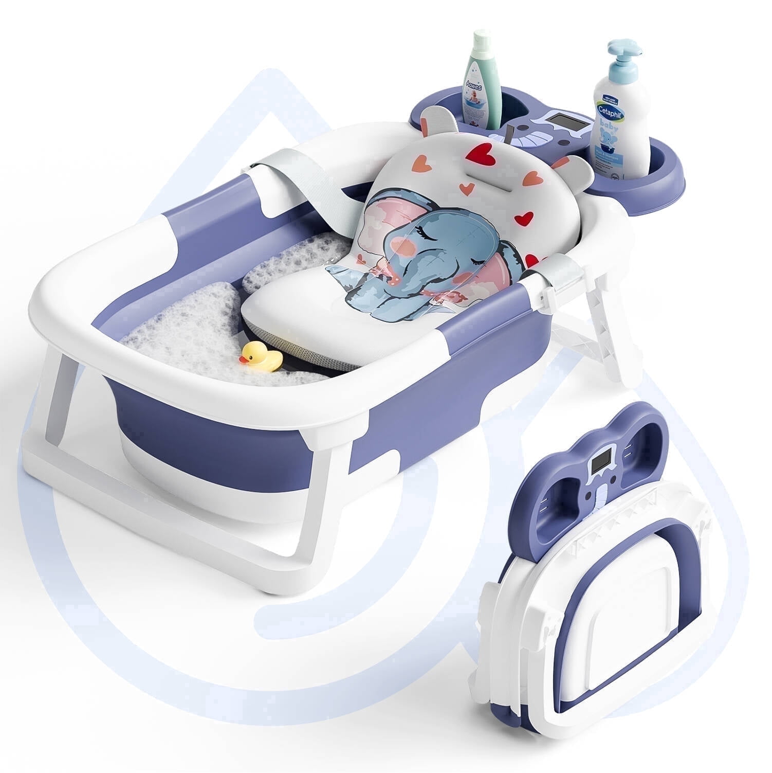 Aprpink Foldable Baby ‎Bathtub Elephant PP+TPE with Soft Cushion&Thermometer for 0-36 Months Toddler Blue